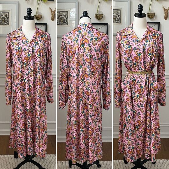 Vintage Dresses & Skirts - Vintage 70s Tribute Mod Floral Paisley Shirt Dress Long XL